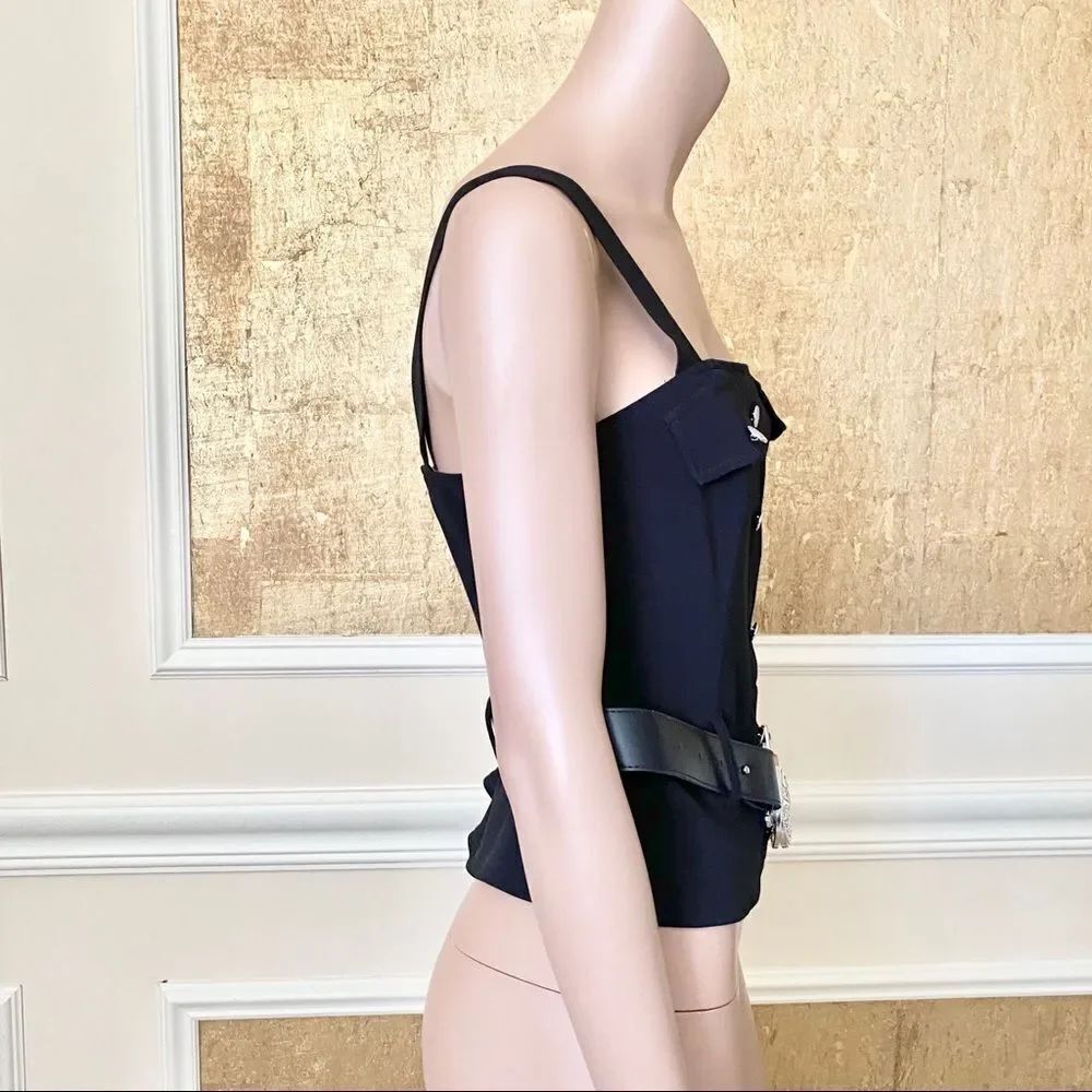JOSEPH RIBKOFF Y2K black silver hardware belted cropped top 6 - Picture 3 of 6